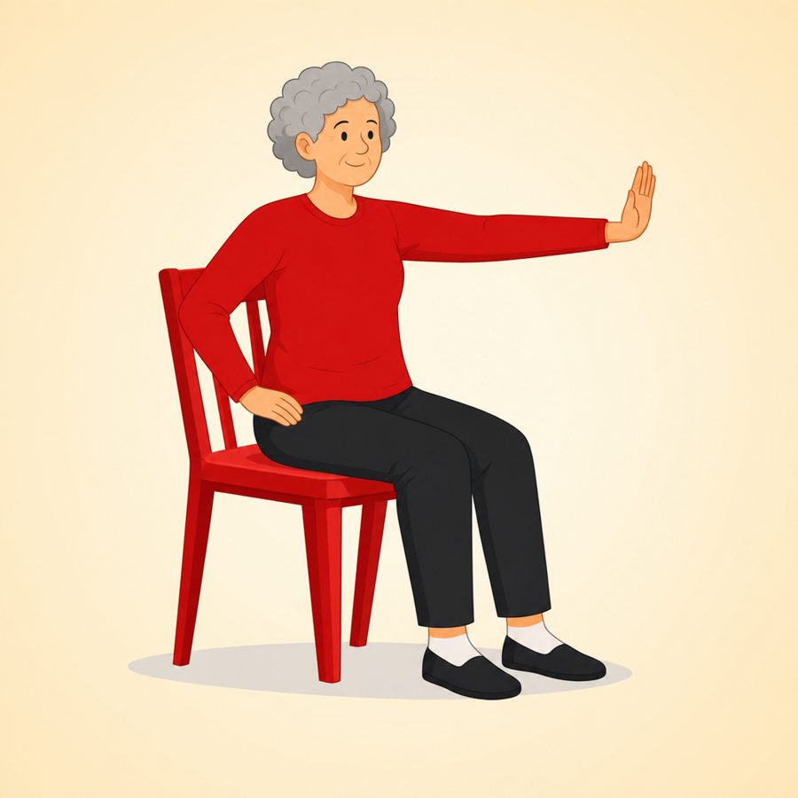 Illustration of a senior seated in a chair drawing the hands together toward the chest