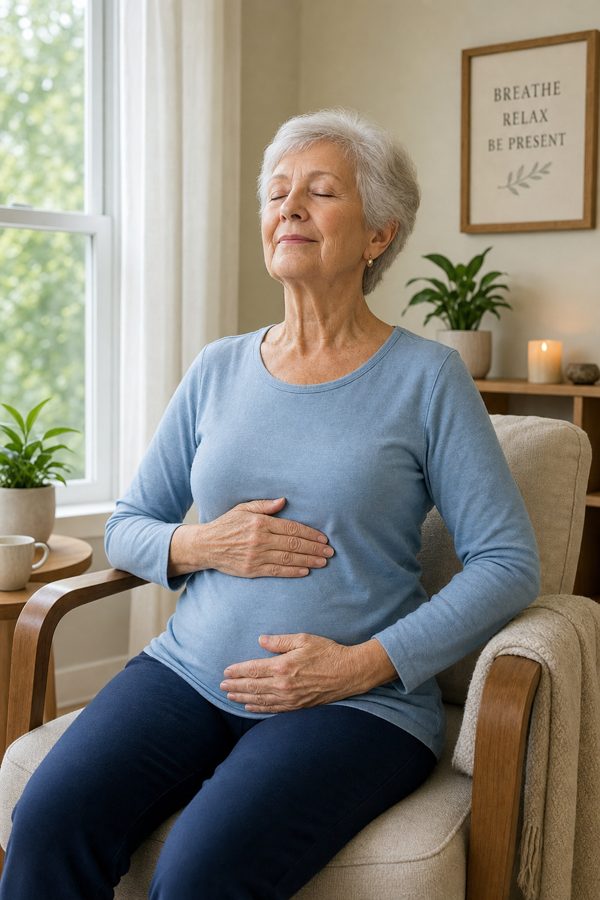 Illustration of a senior seated in a chair practicing calm, deep breathing