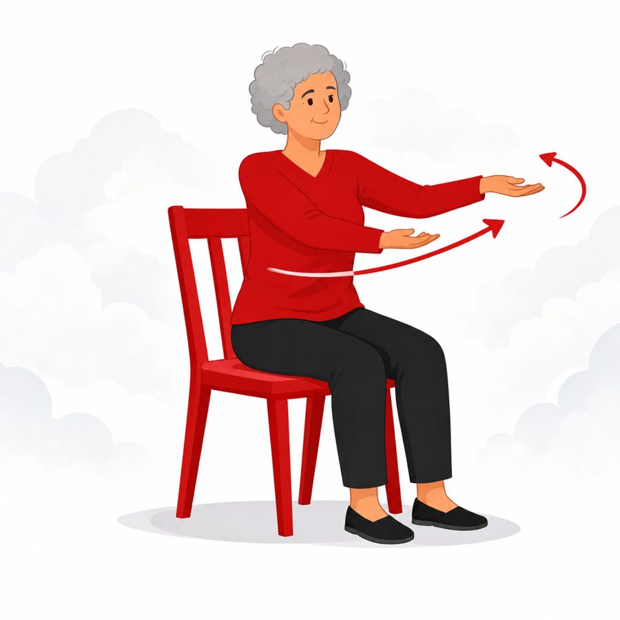 Illustration of a seated woman sweeping her hands across her body like parting clouds