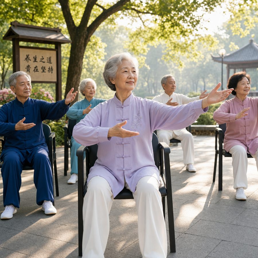 A group of seniors practicing tai chi seated in chairs in a sunny park