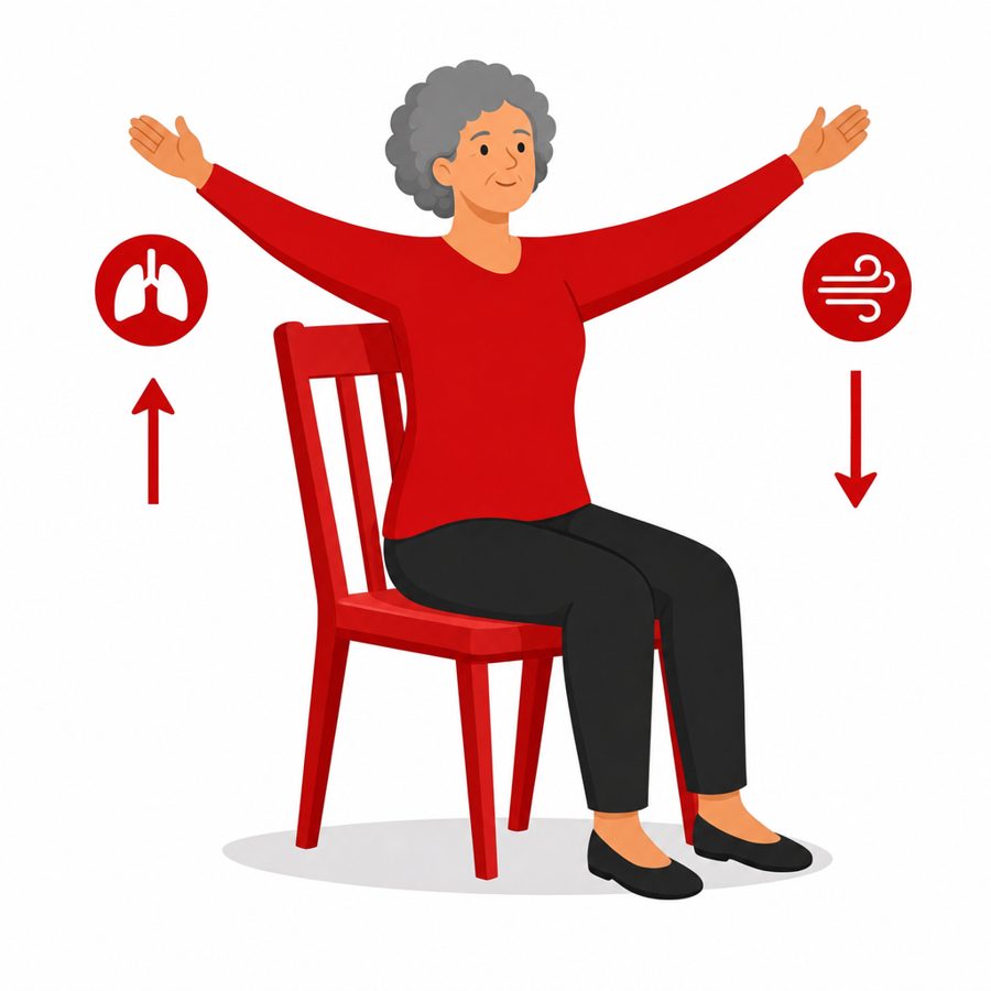 Illustration of a senior seated upright with arms lifted out to the sides
